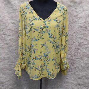 Vince Camuto Women's Yellow Floral Print Blouson Sleeve Top Size M